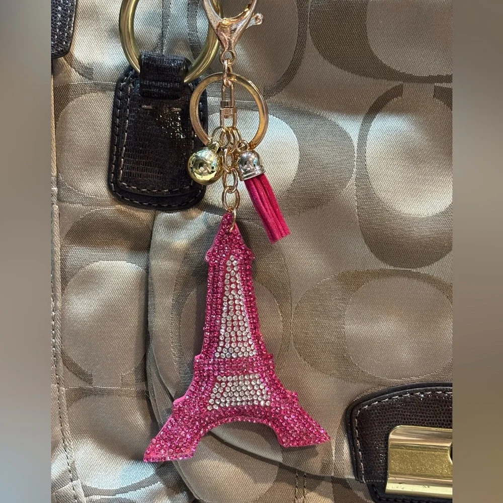 Pink Eiffel Tower‎ Keychain or Handbag Charm with Gold Accents